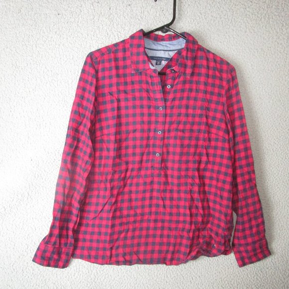 Tommy Hilfiger Tops - TOMMY HILFIGER WOMEN'S L/S BUTTON SHIRT PINK NAVY BLUE LARGE COTTON